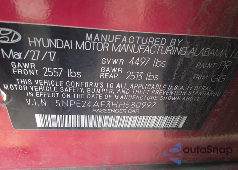 2017 Hyundai Sonata Se z USA, uszkodzony, nr VIN 5NPE24AF3HH580997